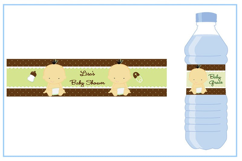 Twins Asian Neutral - Personalized Baby Shower Water Bottle Labels