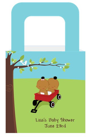 Twins Little Red Wagon African American 1 Boy 1 Girl - Personalized Baby Shower Favor Boxes