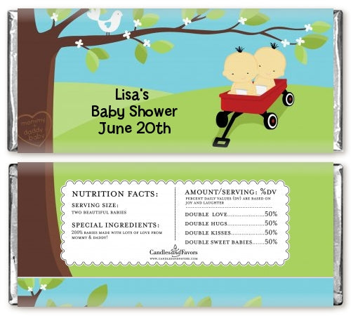 Twins Little Red Wagon Asian Boys - Personalized Baby Shower Candy Bar Wrappers