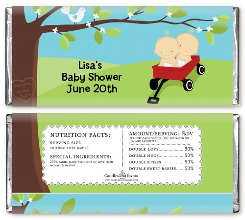 Twins Little Red Wagon Caucasian Boys - Personalized Baby Shower Candy Bar Wrappers