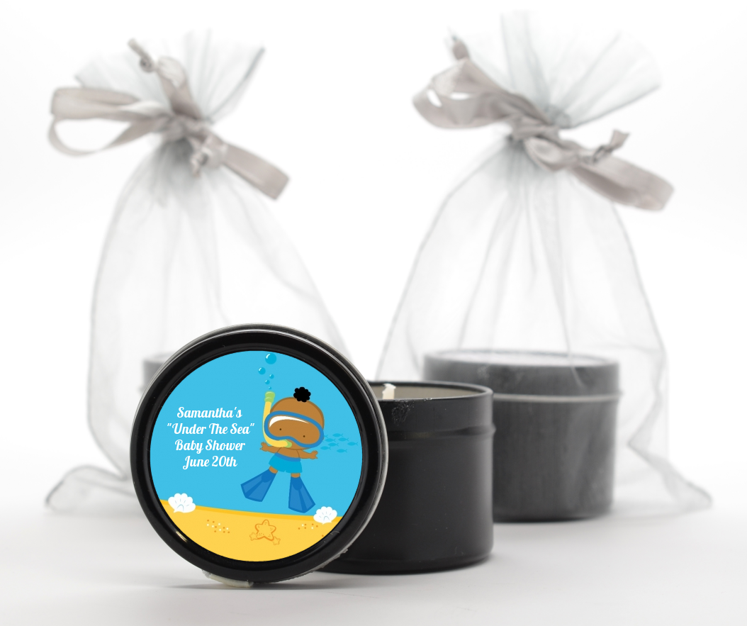 Under the Sea African American Baby Boy Snorkeling - Baby Shower Black Candle Tin Favors