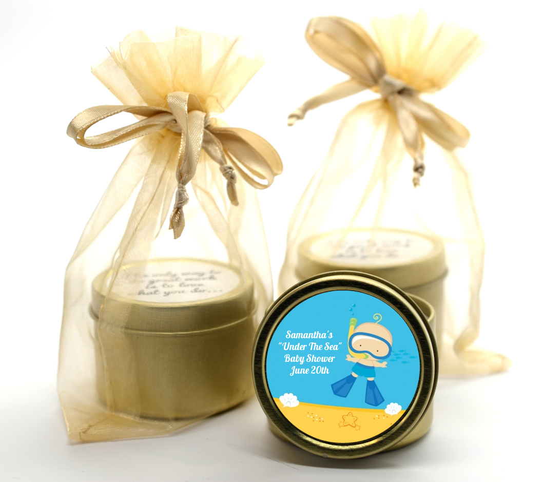 Under the Sea Baby Boy Snorkeling - Baby Shower Gold Tin Candle Favors