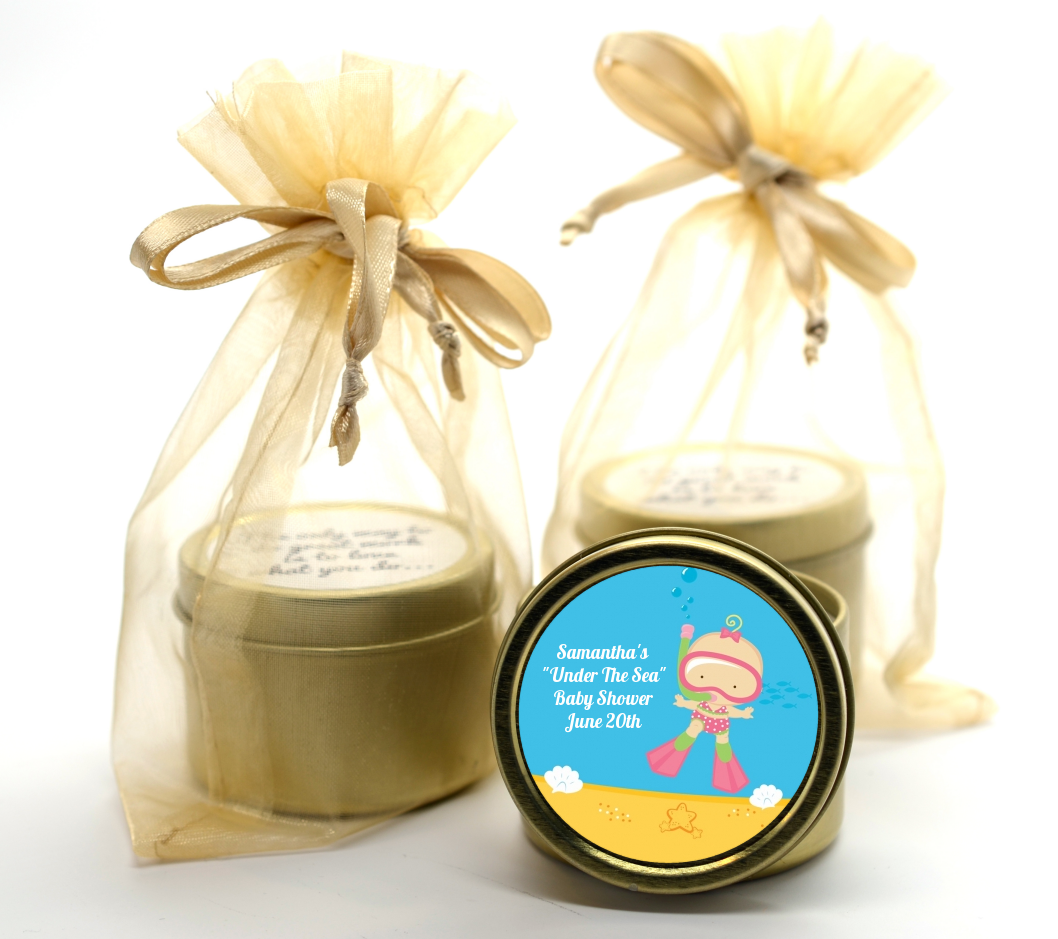 Under the Sea Baby Girl Snorkeling - Baby Shower Gold Tin Candle Favors