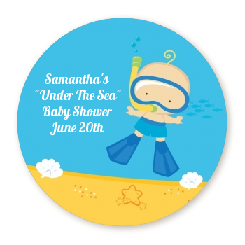 Under the Sea Baby Boy Snorkeling - Round Personalized Baby Shower Sticker Labels