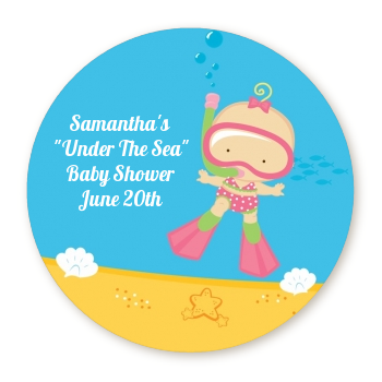 Under the Sea Baby Girl Snorkeling - Round Personalized Baby Shower Sticker Labels