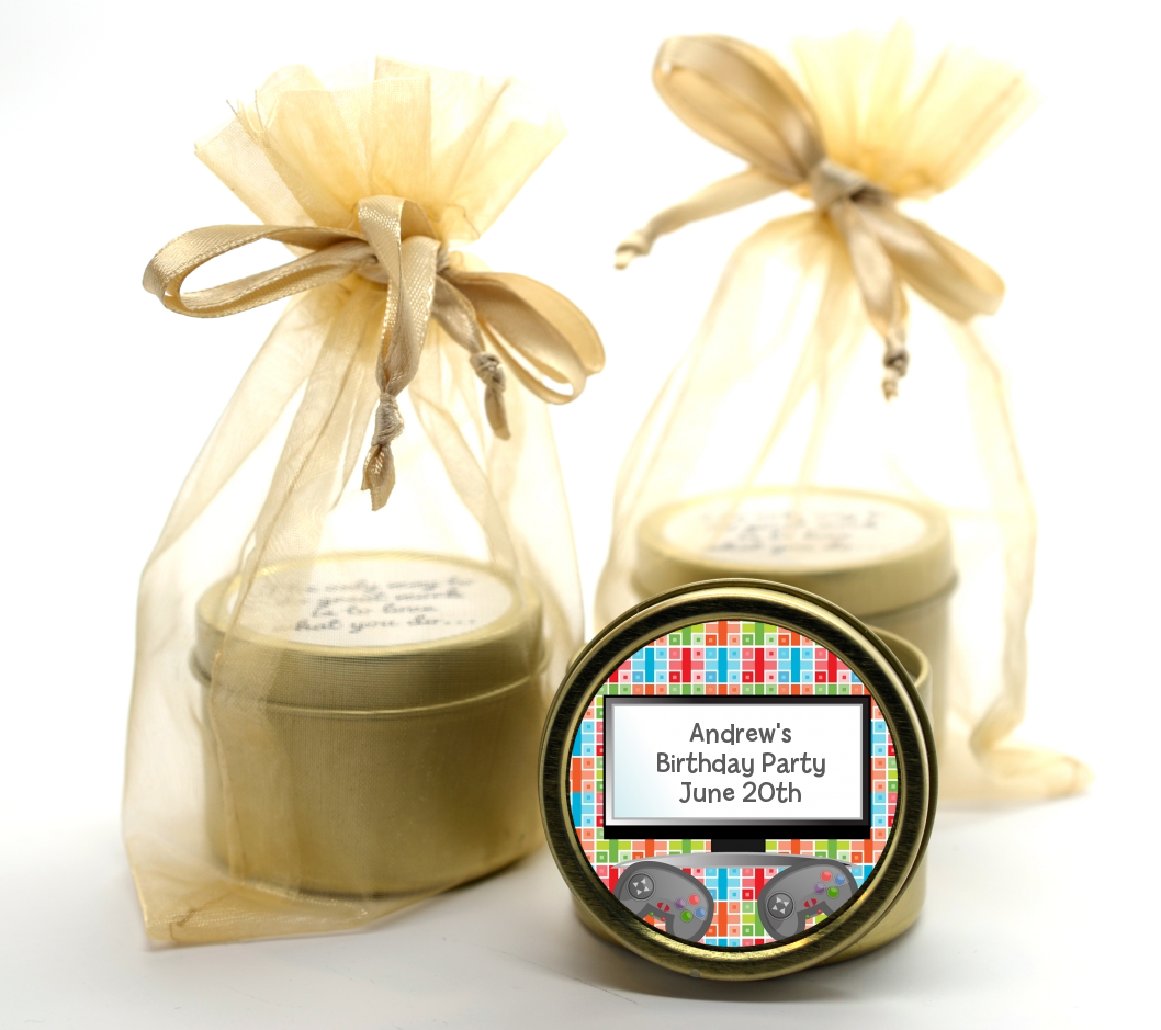 Video Game Time - Birthday Party Gold Tin Candle Favors