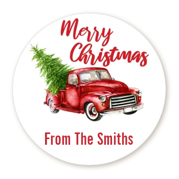 Vintage Red Truck - Round Personalized Christmas Sticker Labels