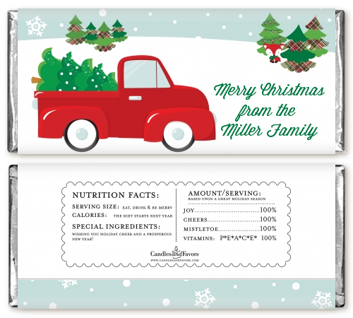 Vintage Red Truck With Tree - Personalized Christmas Candy Bar Wrappers