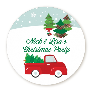 Vintage Red Truck With Tree - Round Personalized Christmas Sticker Labels