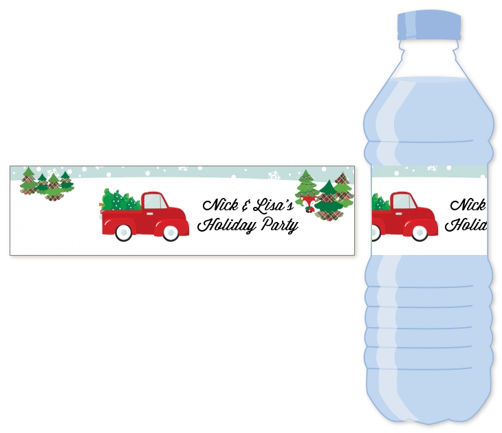 Vintage Red Truck With Tree - Personalized Christmas Water Bottle Labels