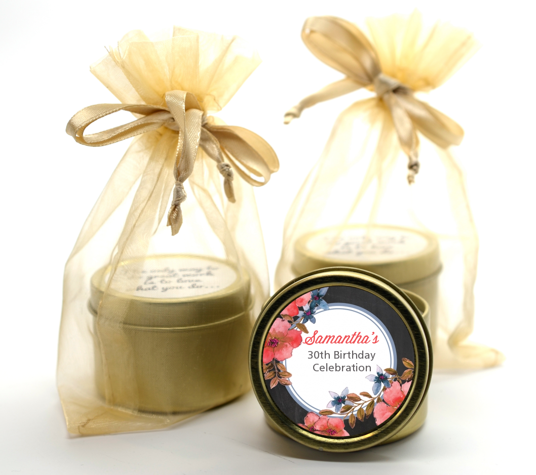 Watercolor Floral - Birthday Party Gold Tin Candle Favors