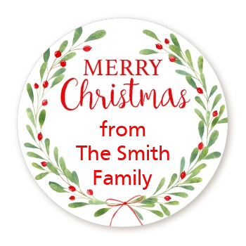 Watercolor Wreath - Round Personalized Christmas Sticker Labels