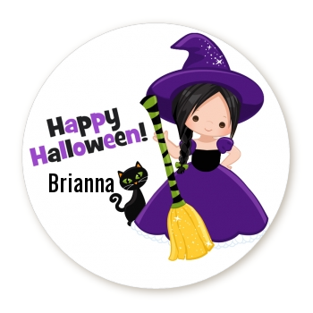 Witch and Broom Stick - Round Personalized Halloween Sticker Labels