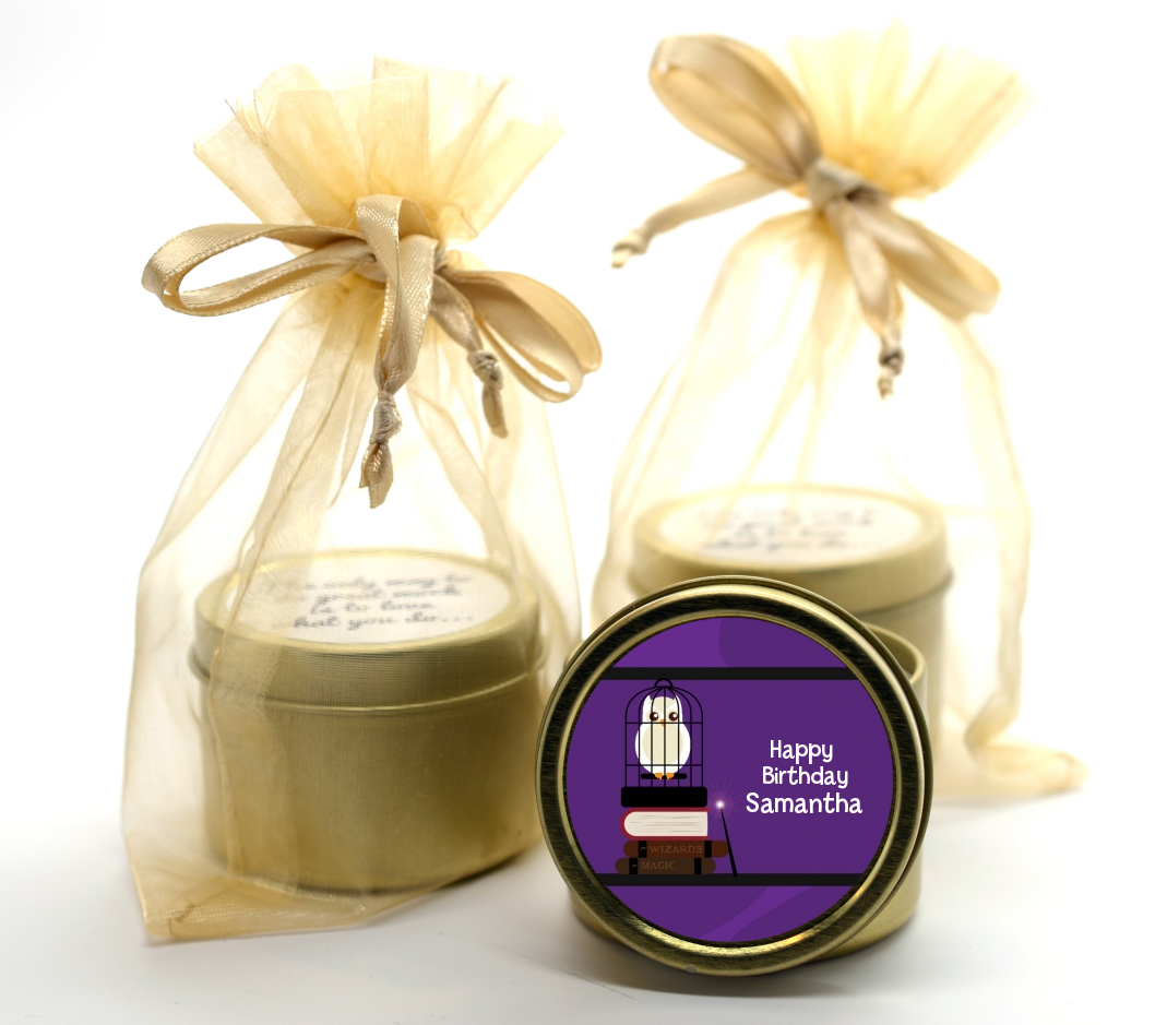 Wizard Tools & Owl - Birthday Party Gold Tin Candle Favors