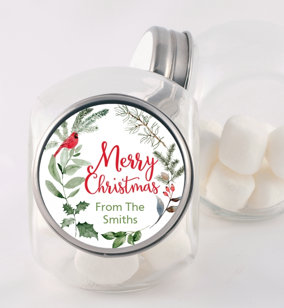 Wreath with Cardinal - Personalized Christmas Candy Jar