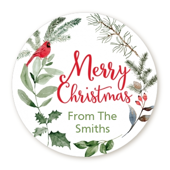 Wreath with Cardinal - Round Personalized Christmas Sticker Labels