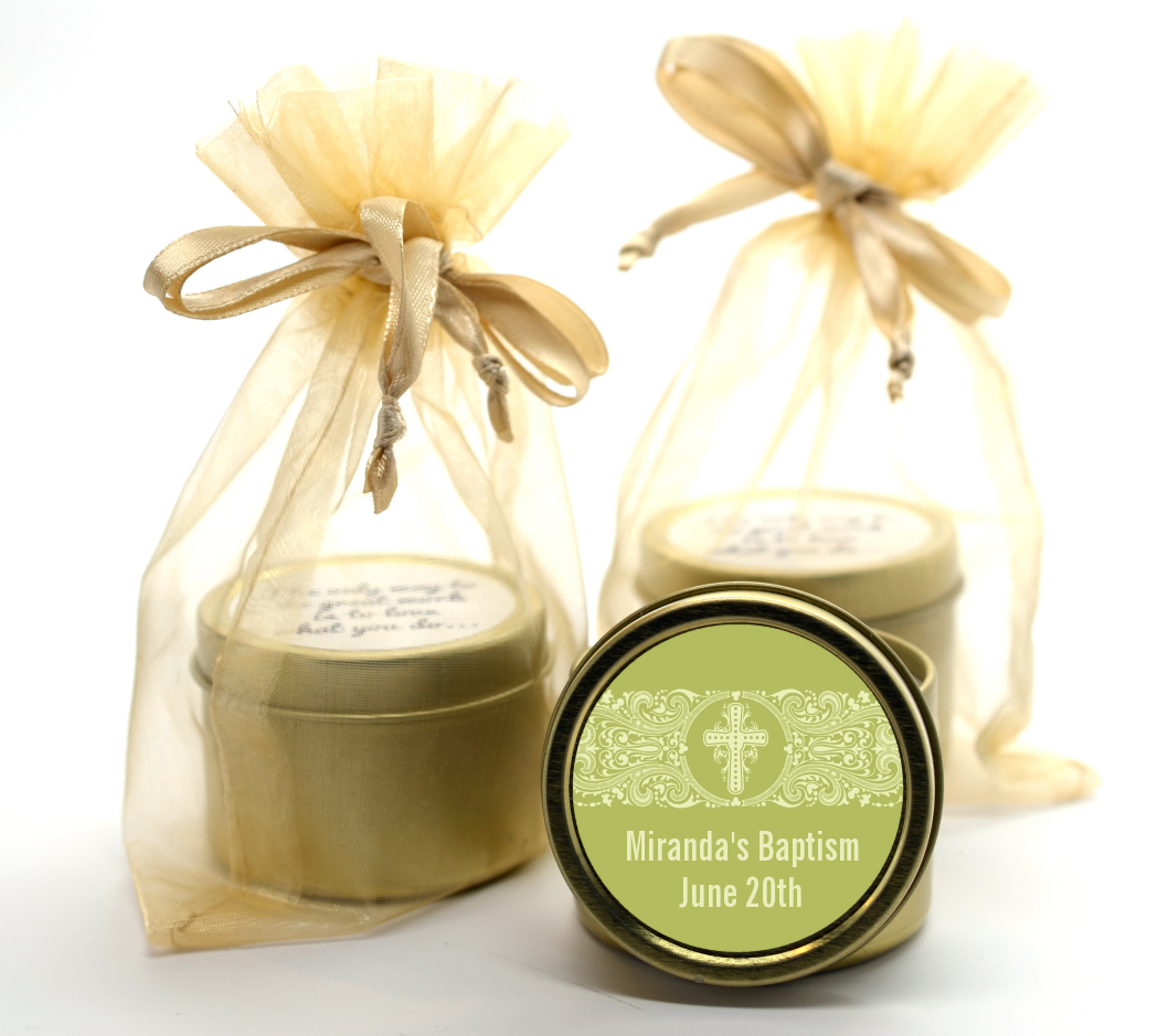 Cross Sage Green Gold Tin Candle Favors | Candles & Favors