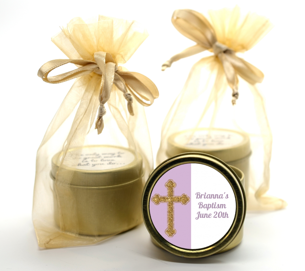 Gold Glitter Cross Lavendar Gold Tin Candle Favors 