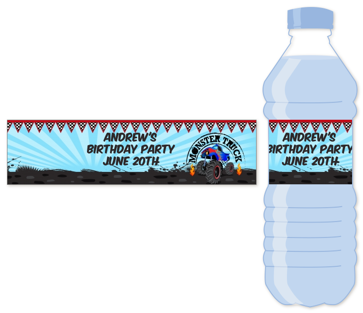 Monster Truck Water Bottle Label | Birthday Party Water Bottle Stickers