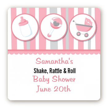 Shake, Rattle & Roll Pink Baby Shower Stickers | Candles & Favors