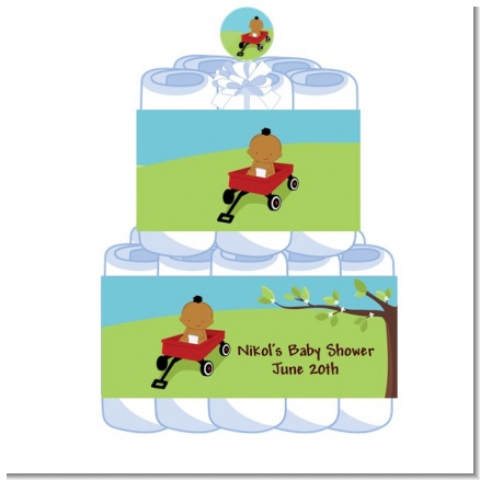 Little Red Wagon African American Boy - Personalized Baby Shower Diaper Cake 2 Tier