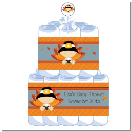 Little Turkey Boy Thanksgiving - Personalized Baby Shower Diaper Cake 2 Tier