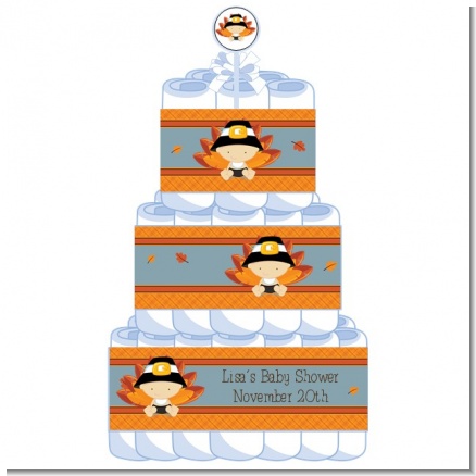 Little Turkey Boy Thanksgiving - Personalized Baby Shower Diaper Cake 3 Tier