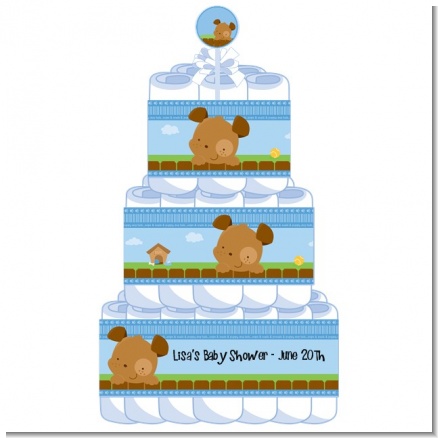 Puppy Dog Tails Boy - Personalized Baby Shower Diaper Cake 3 Tier